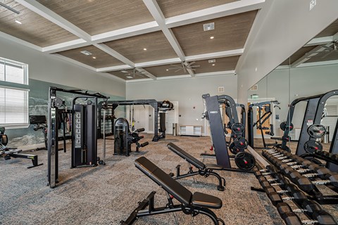 a gym with exercise equipment and mirrors in a home