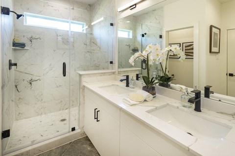 a bathroom with two sinks and a shower