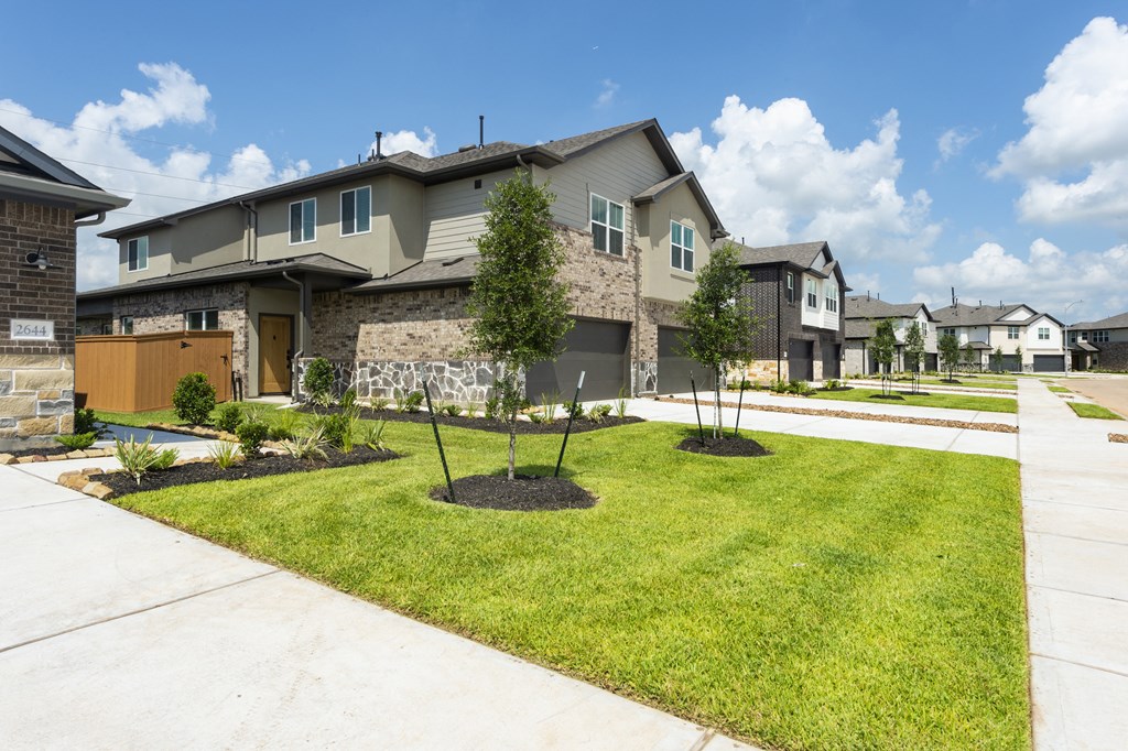 new homes in a subdivision with green grass and trees