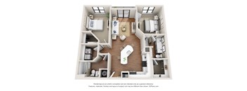 A 3D floor plan of a house with a kitchen, living room, and two bedrooms.