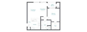 A floor plan of a small apartment with a living room, dining room, kitchen, bathroom, bedroom, and walk-in closet.
