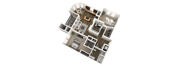 A 3D floor plan of a house with multiple rooms and furniture.