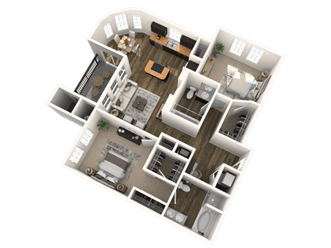 A 3D floor plan of a house with multiple rooms and furniture.