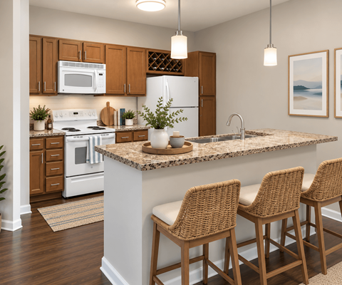 A kitchen with a white refrigerator, white stove, and brown cabinets.