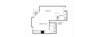 A floor plan of a studio apartment with a living room, kitchen, and bedroom area.