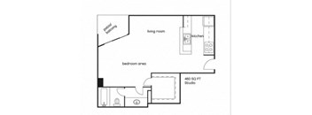 A floor plan of a studio apartment with a living room, bedroom area, kitchen, and a patio balcony.