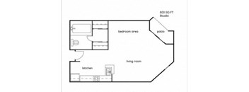 A floor plan of a studio apartment with a living room, bedroom area, kitchen, and patio.