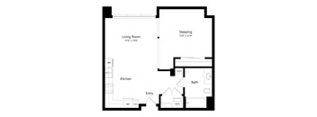 A floor plan of a small apartment with a living room, kitchen, bathroom, and sleeping area.