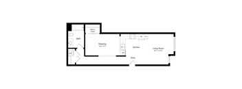 A floor plan of a house with a sleeping area, kitchen, and living room.