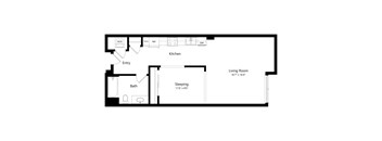 A floor plan of a small apartment with a living room, kitchen, bathroom, and sleeping area.