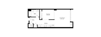 A floor plan of a small apartment with a sleeping area, kitchen, bathroom, and living room.