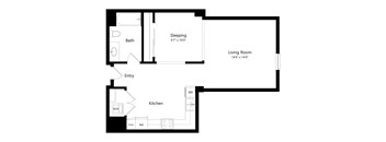 A floor plan of a small apartment with a sleeping area, a living room, a kitchen, a bathroom, and a pantry.
