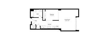A floor plan of a house with a living room, kitchen, bathroom and bedroom.
