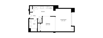 A floor plan of a small apartment with a kitchen, living room, and sleeping area.