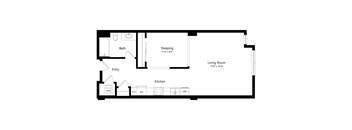 A floor plan of a small apartment with a sleeping area, kitchen, bathroom, and living room.