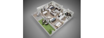 A 3D rendered image of a modern house layout.