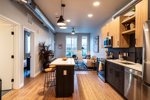 a kitchen and living room in an open floorplan apartment