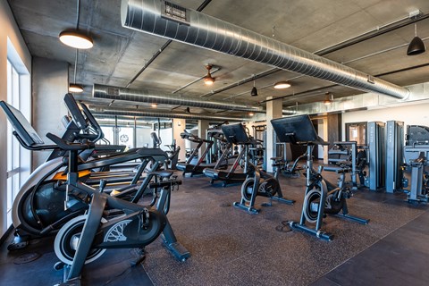 a gym with various exercise bikes and weights
