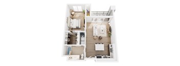 A top down view of a modern apartment with a kitchen, living room, and bathroom.