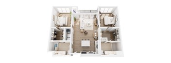 A top-down view of a well-organized, modern apartment with a living room, kitchen, and two bedrooms.