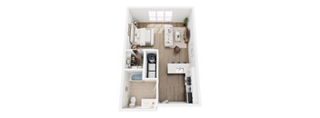A top-down view of a small, neatly organized apartment with a bed, a couch, a kitchenette, and a bathroom.