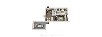 A 3D floor plan of a house with a car parked in the garage.