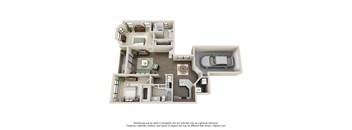 A 3D floor plan of a house with a kitchen, living room, bedrooms and bathrooms.