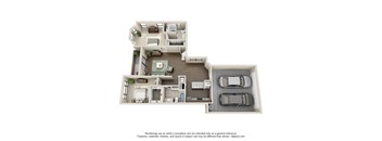 A 3D floor plan of a house with a living room, kitchen, dining room, and two bedrooms.