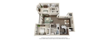 A 3D floor plan of a house with labeled rooms.