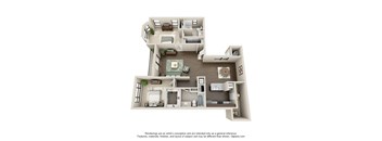 A 3D floor plan of a house with a kitchen, living room, and bathroom.