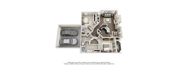 A 3D floor plan of a house with a kitchen, living room, and two bedrooms.