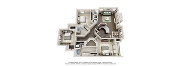 A 3D floor plan of a house with a kitchen, living room, and bathrooms.