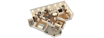A 3D floor plan of a house with a living room, kitchen, dining room, and bedrooms.