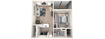 A series of images showing different rooms of a small apartment.