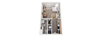 A top down view of a small apartment with a kitchen, living room, and bathroom.
