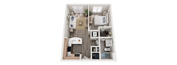 A top-down view of a small apartment with a kitchen, living room, and bathroom.