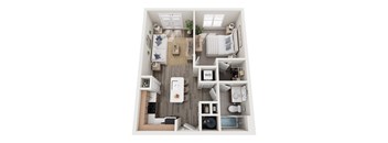 A top-down view of a small apartment with a kitchen, living room, and bathroom.