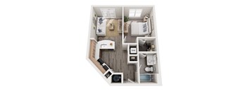 A top-down view of a small apartment with a kitchen, living room, and bathroom.