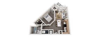 A top down view of a small apartment with a kitchen, living room and bathroom.