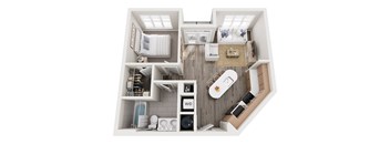 A top-down view of a small apartment with a bedroom, living room, and kitchen.