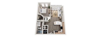 A top down view of a small apartment with a kitchen, living room, and bathroom.