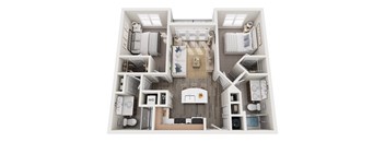 A top-down view of a small, neatly organized living space with a kitchen, dining area, and two bedrooms.