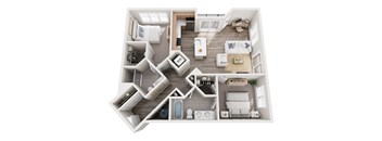 A top down view of a house layout with a kitchen, living room, and bathrooms.
