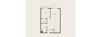 A floor plan of a home with a balcony, bedroom, living room, bathroom, kitchen, and entry.