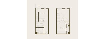 A floor plan of a two-story home with a balcony, living room, kitchen, bathroom, and bedroom.