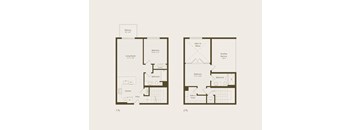 Two floor plan of a house with 1 bedroom and 2 bedrooms.