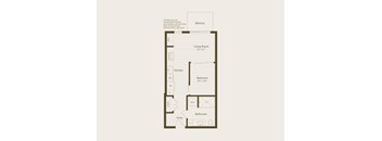 A floor plan of a small apartment with a living room, kitchen, bathroom and entry.