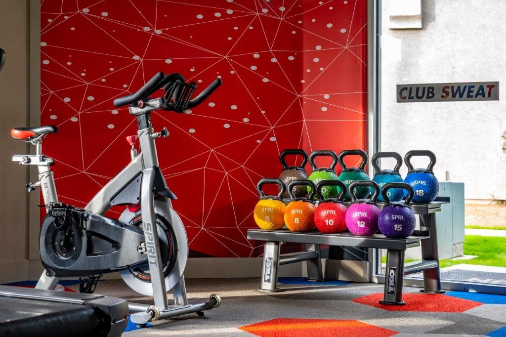 a gym with a bike and weights on a rack