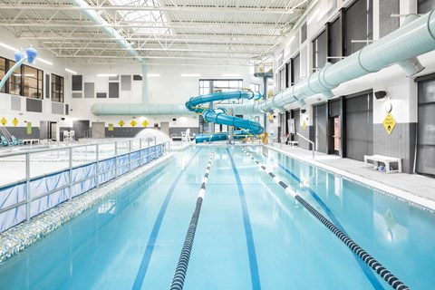A large indoor swimming pool with a diving board.