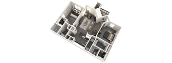 A 3D floor plan of a house with multiple rooms and furniture.